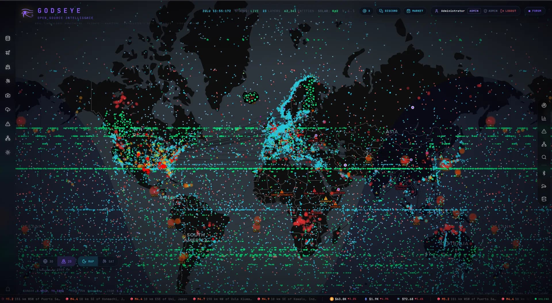 GodsEYE global dashboard β live flights, vessels, satellites, earthquakes and cyber threats on a world map